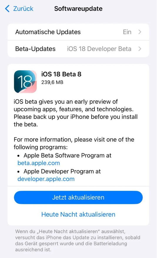 高密苹果手机维修分享苹果 iOS / iPadOS 18 开发者预览版 Beta 8 发布 